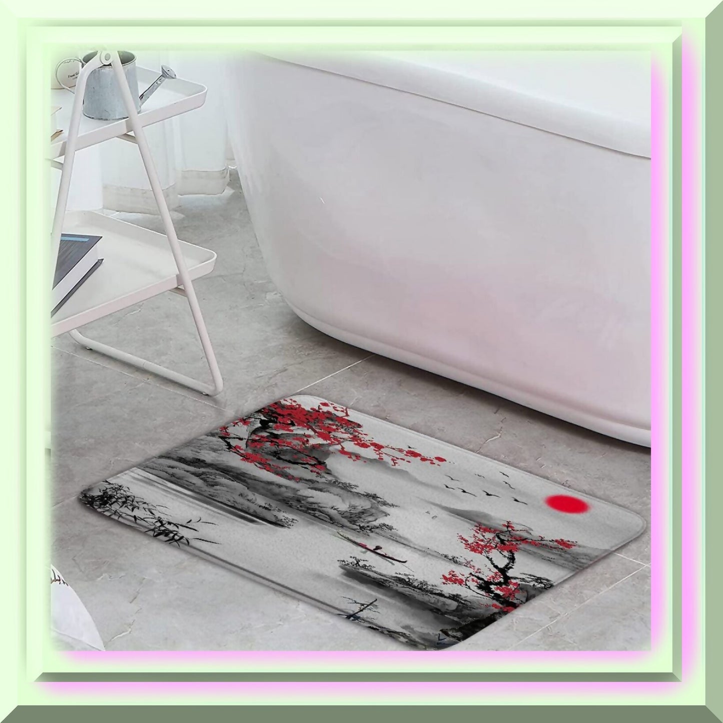Asian Decor Bath Mat Red Plum Blossom 17.7 x 29.5 Inch