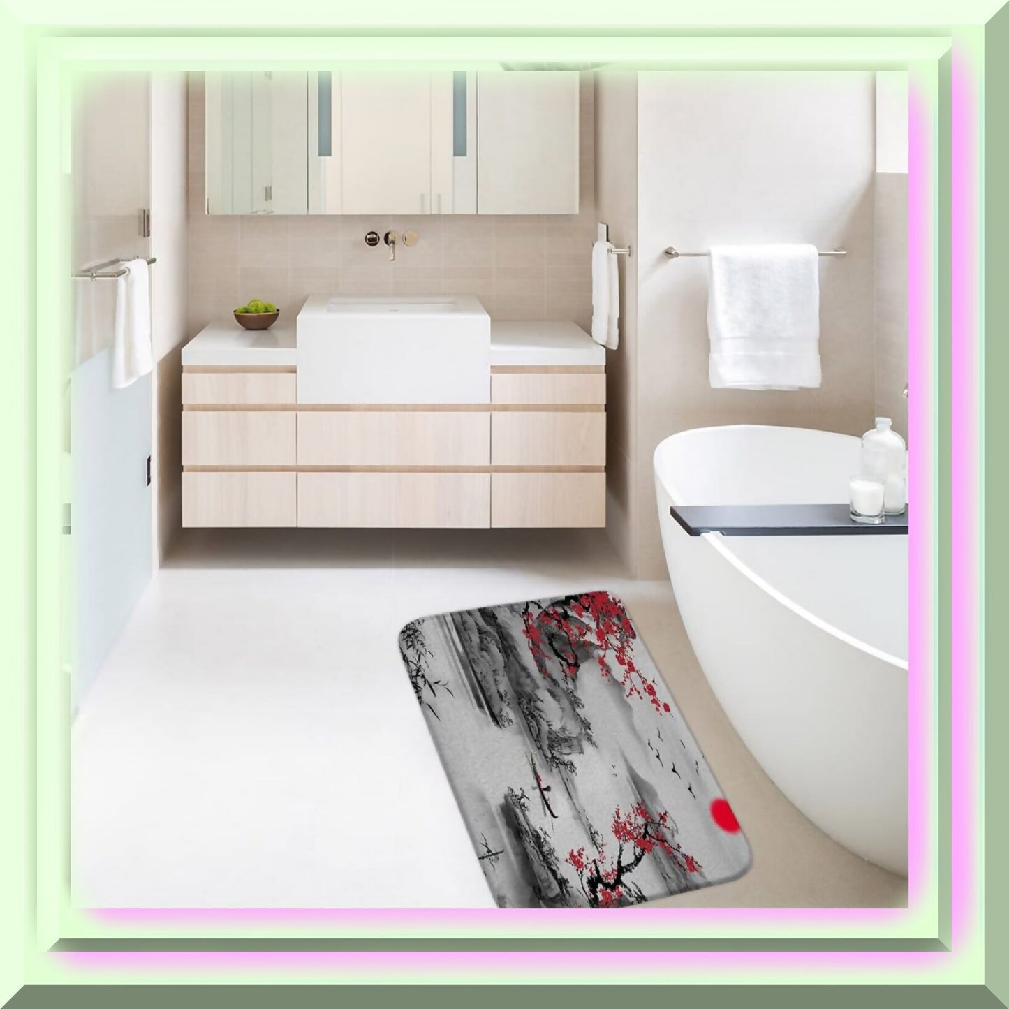 Asian Decor Bath Mat Red Plum Blossom 17.7 x 29.5 Inch