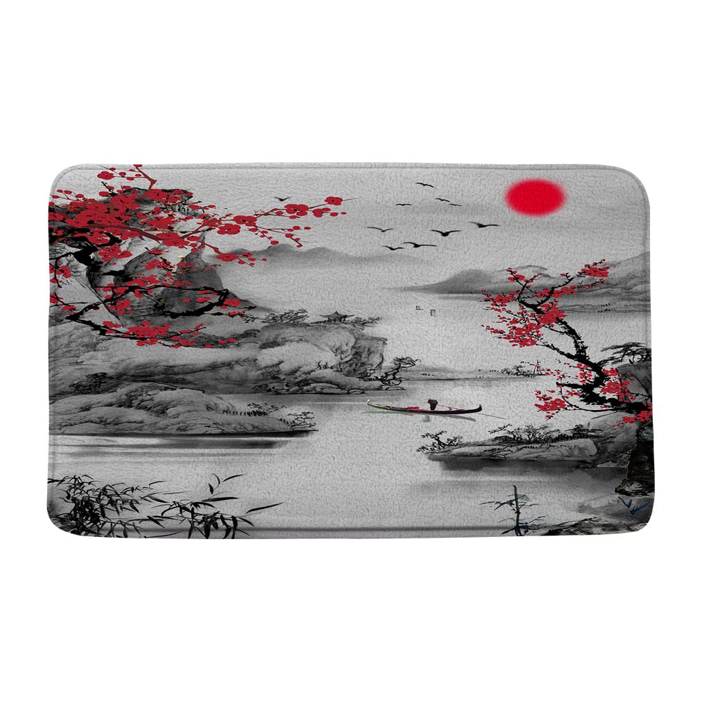 Asian Decor Bath Mat Red Plum Blossom 17.7 x 29.5 Inch