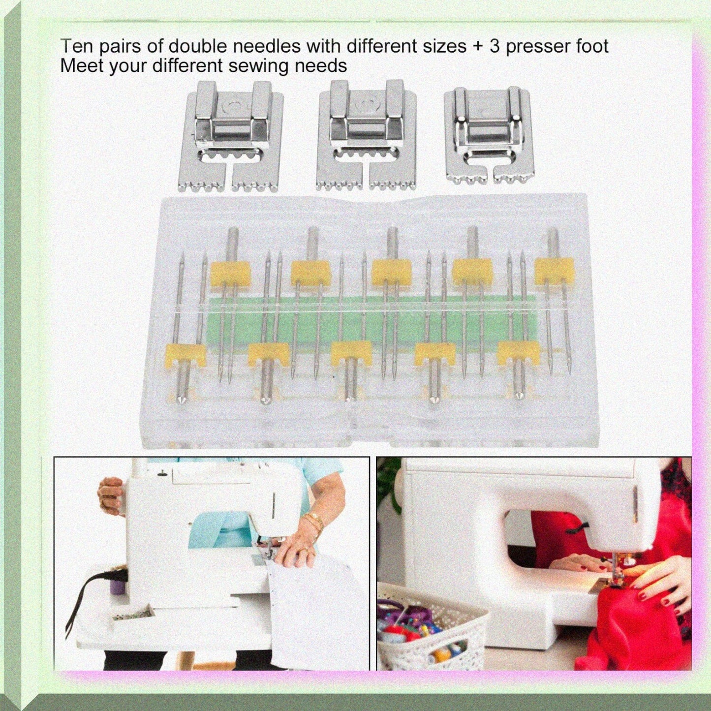 10 Twin Needles Sewing Machine Needle Set with 3 Presser Feet