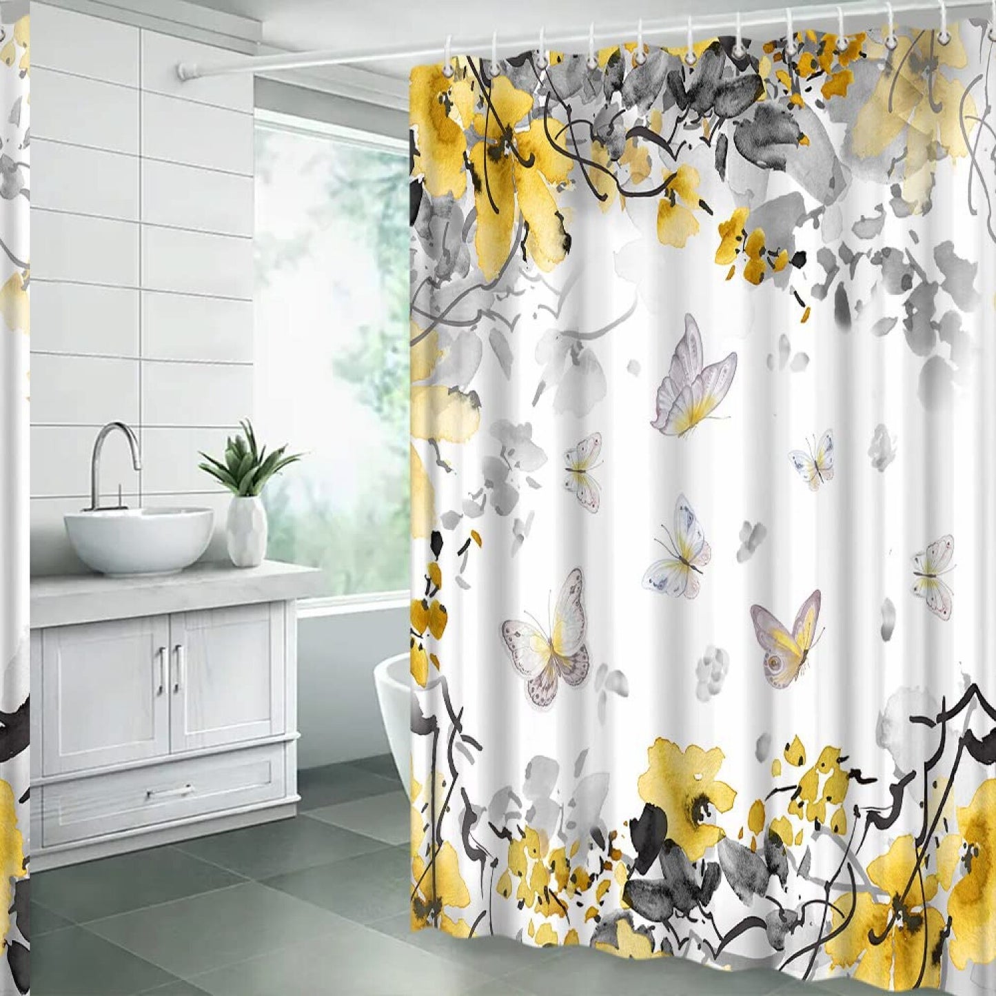 Watercolor Flower Shower Curtain Yellow Gray 70x70