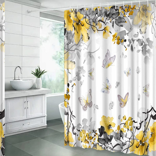 Watercolor Flower Shower Curtain Yellow Gray 70x70