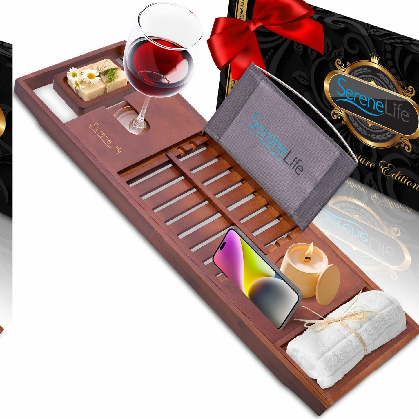 Bamboo Bathtub Caddy with Wine Glass Phone Holder