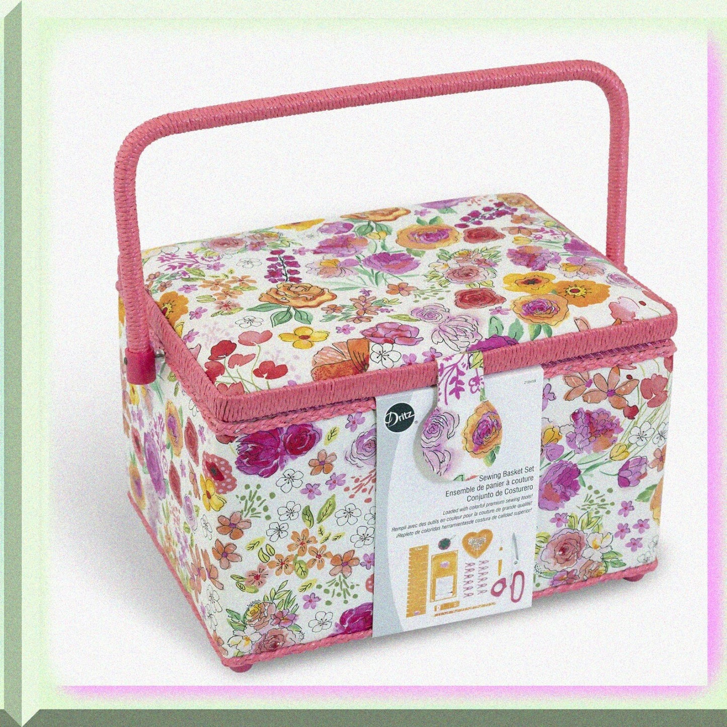 Large Pink and Orange Sewing Basket Set