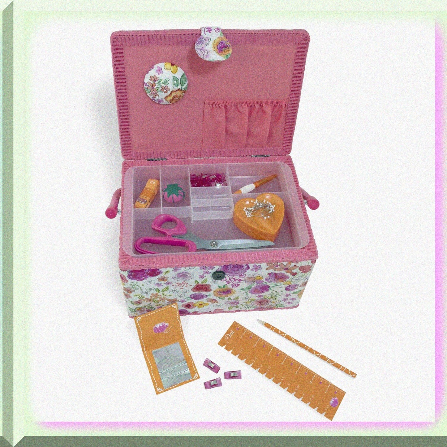 Large Pink and Orange Sewing Basket Set
