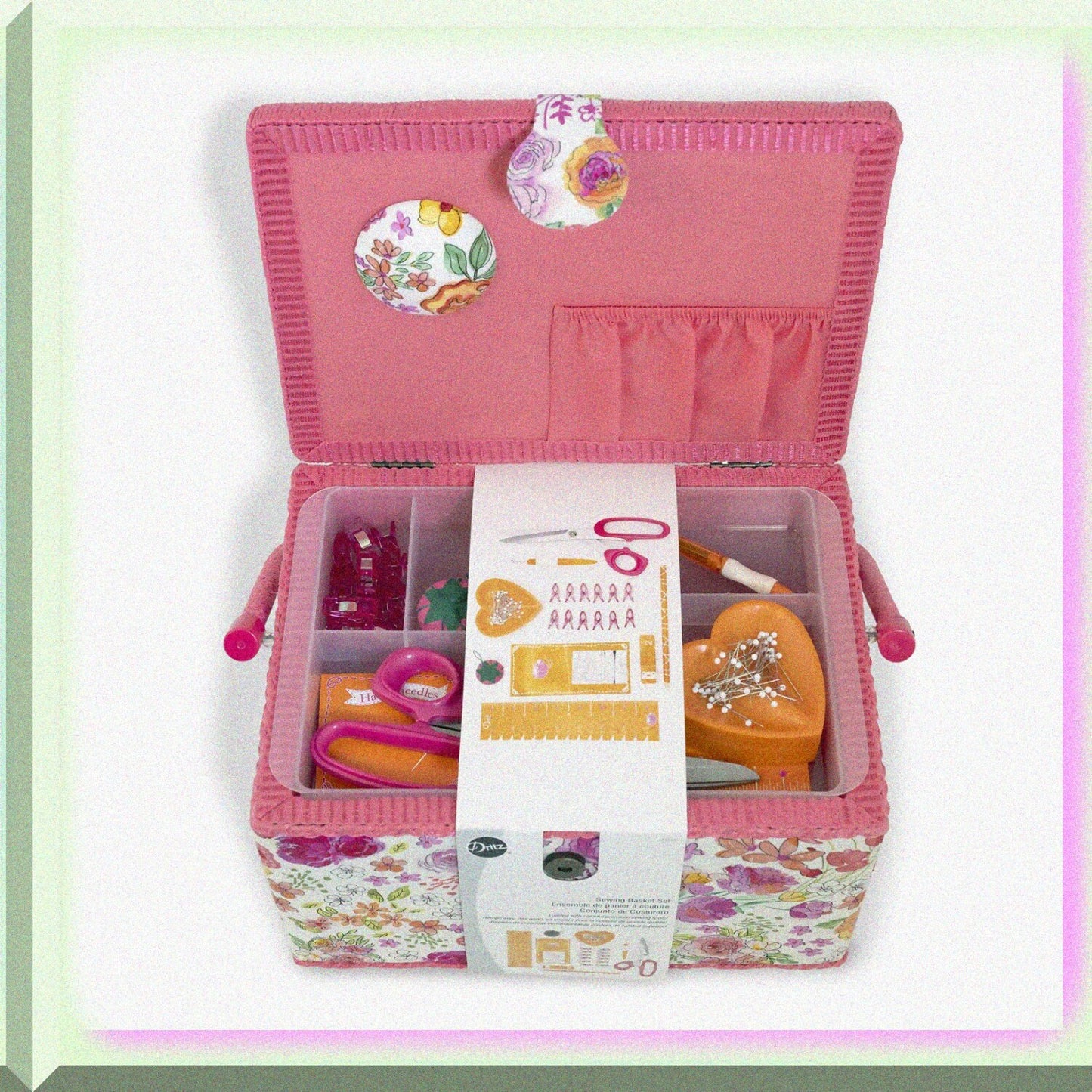 Large Pink and Orange Sewing Basket Set