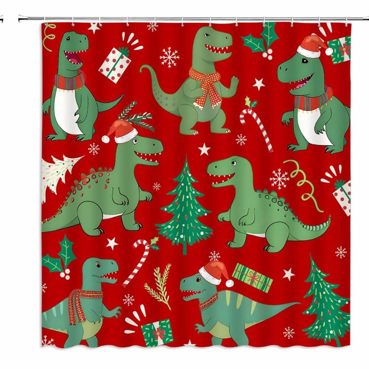 Dinosaur Holiday Shower Curtain with Hooks
