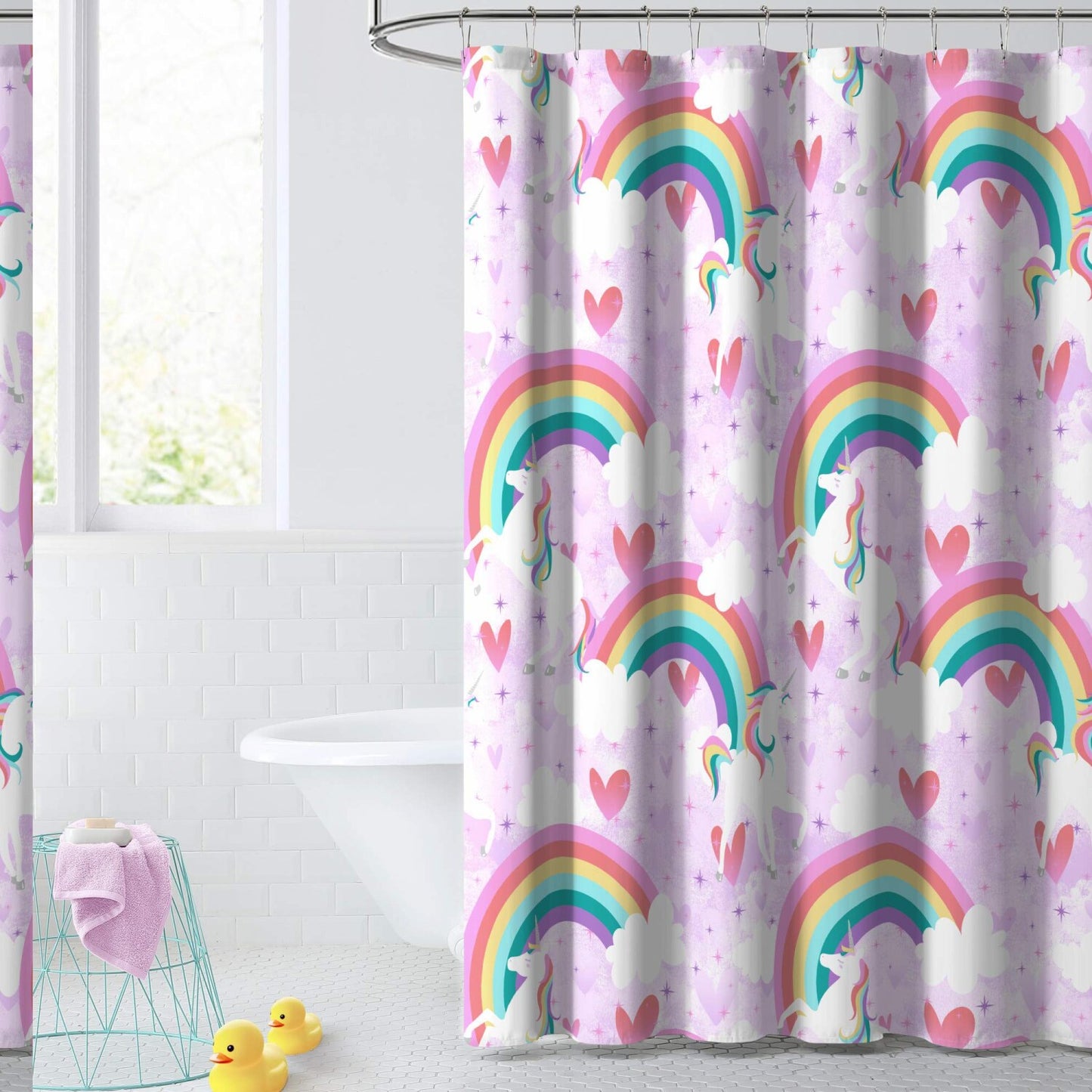 Kids Fabric Shower Curtain 72x72 Purple Unicorn Rainbow