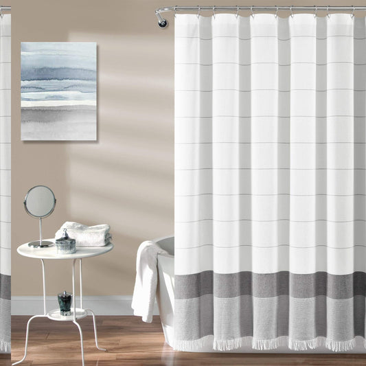 White Cotton Woven Shower Curtain with Gray Stripe 72x72
