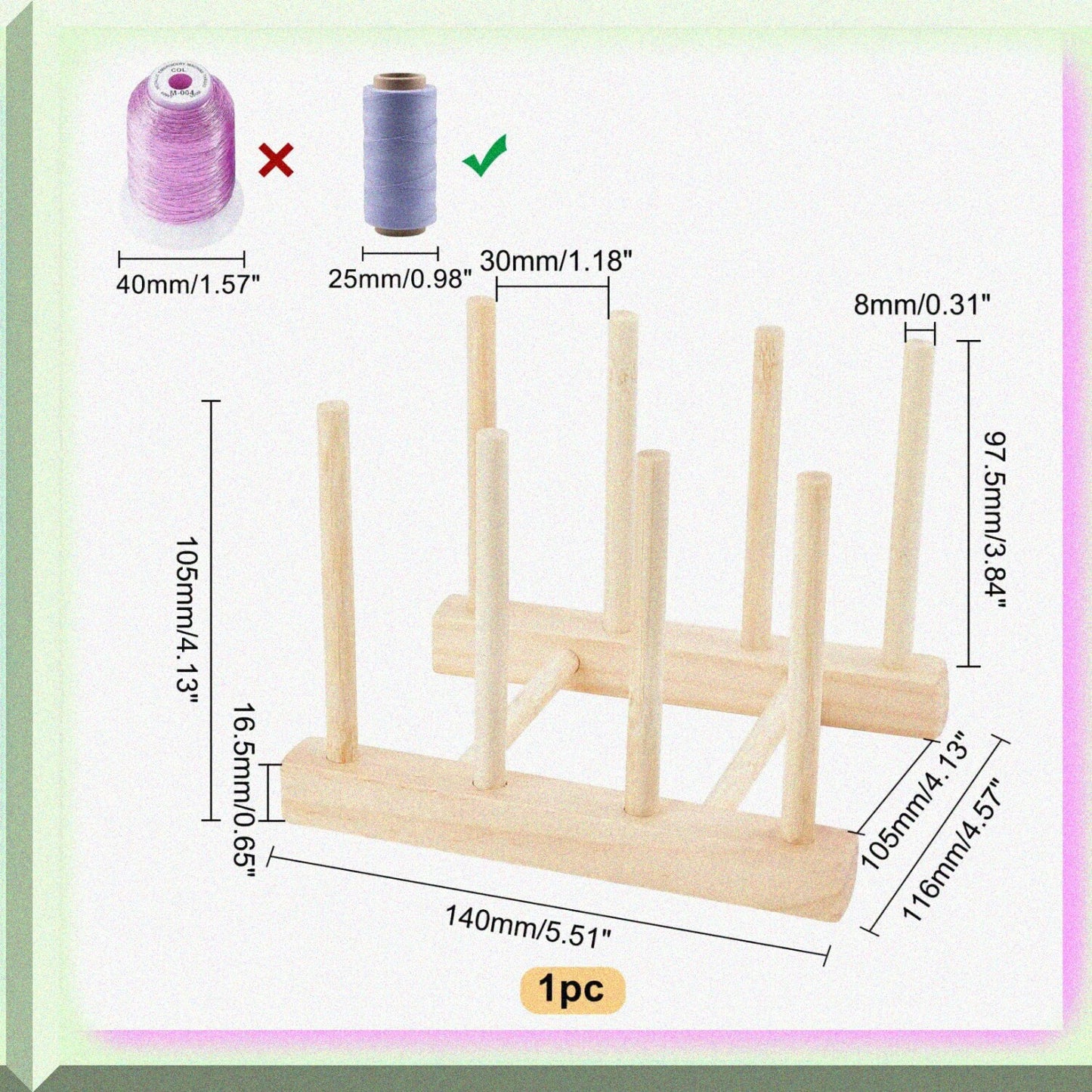 Wood Thread Rack with 8 Spools, Small Sewing Organizer