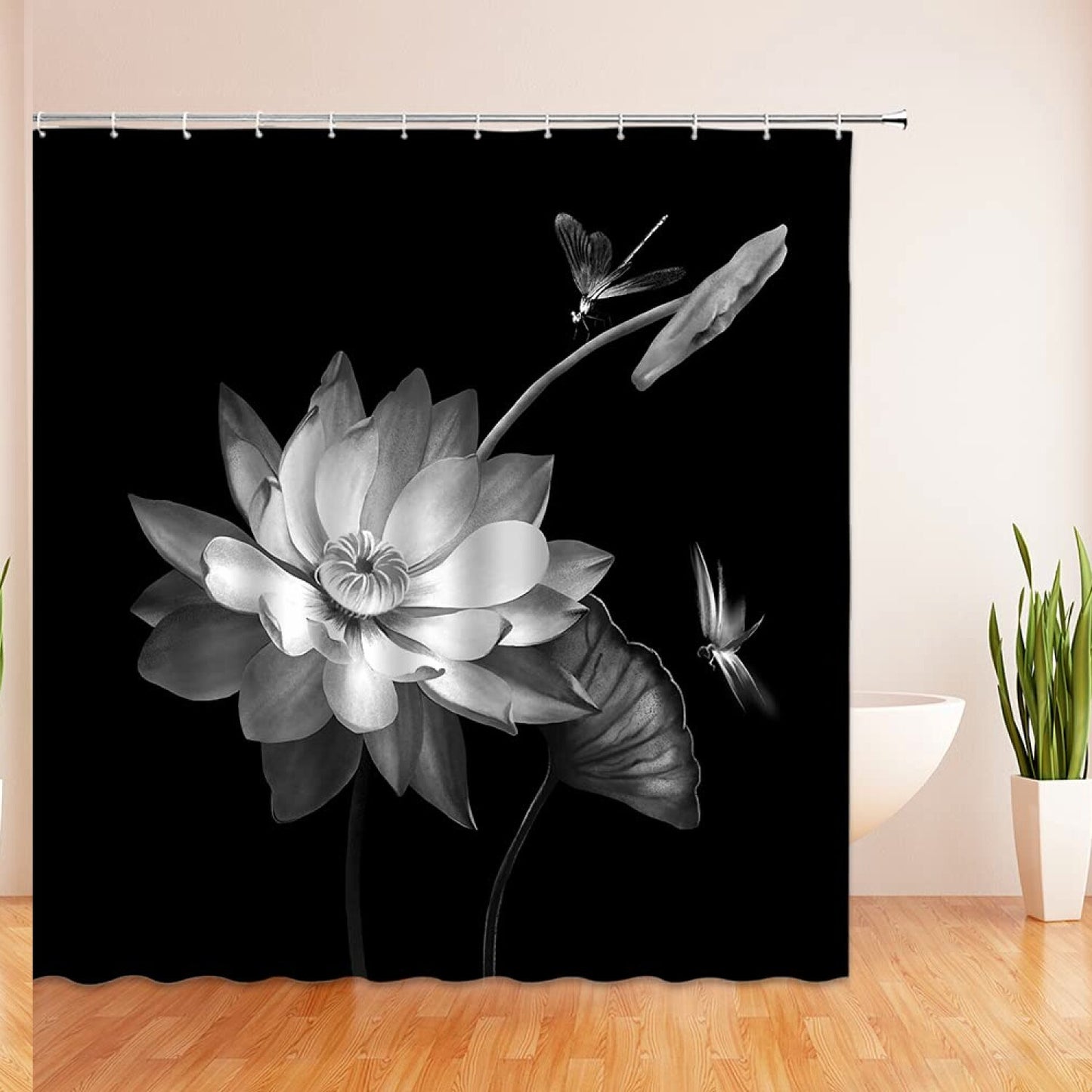 Black and White Floral Dragonfly Shower Curtain 70x70 inches