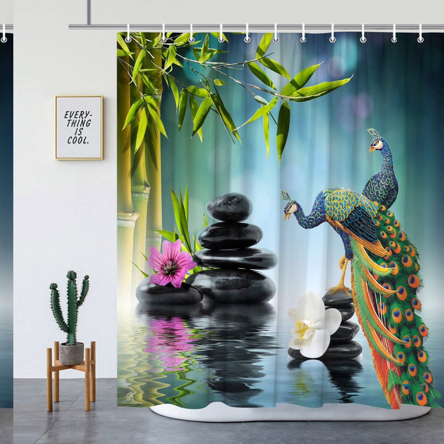 Peacock Green Bamboo Leaf Shower Curtain 70x70 Inches