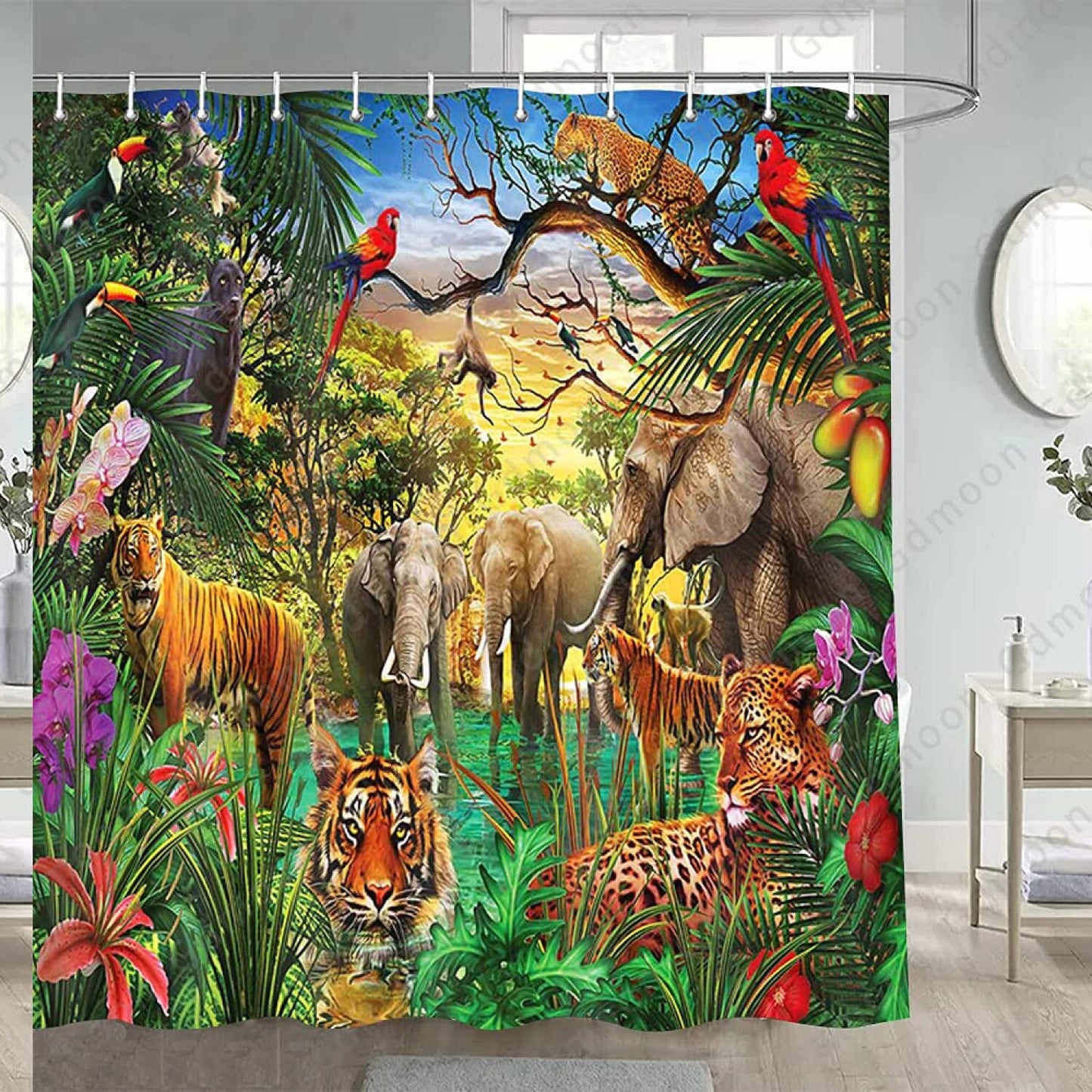 Jungle Animal Shower Curtain 72x72In with 12 Hooks