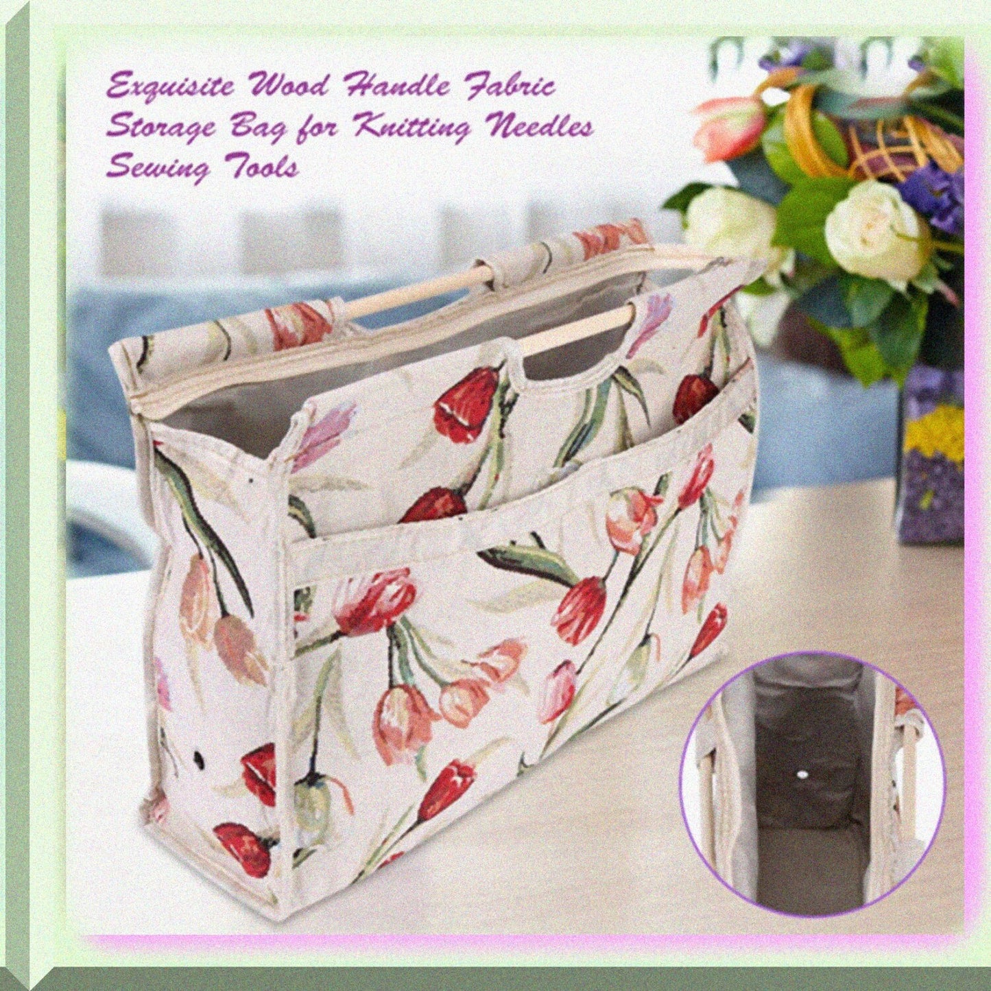 Knitting Tote Bag Woven Fabric with Wood Handle