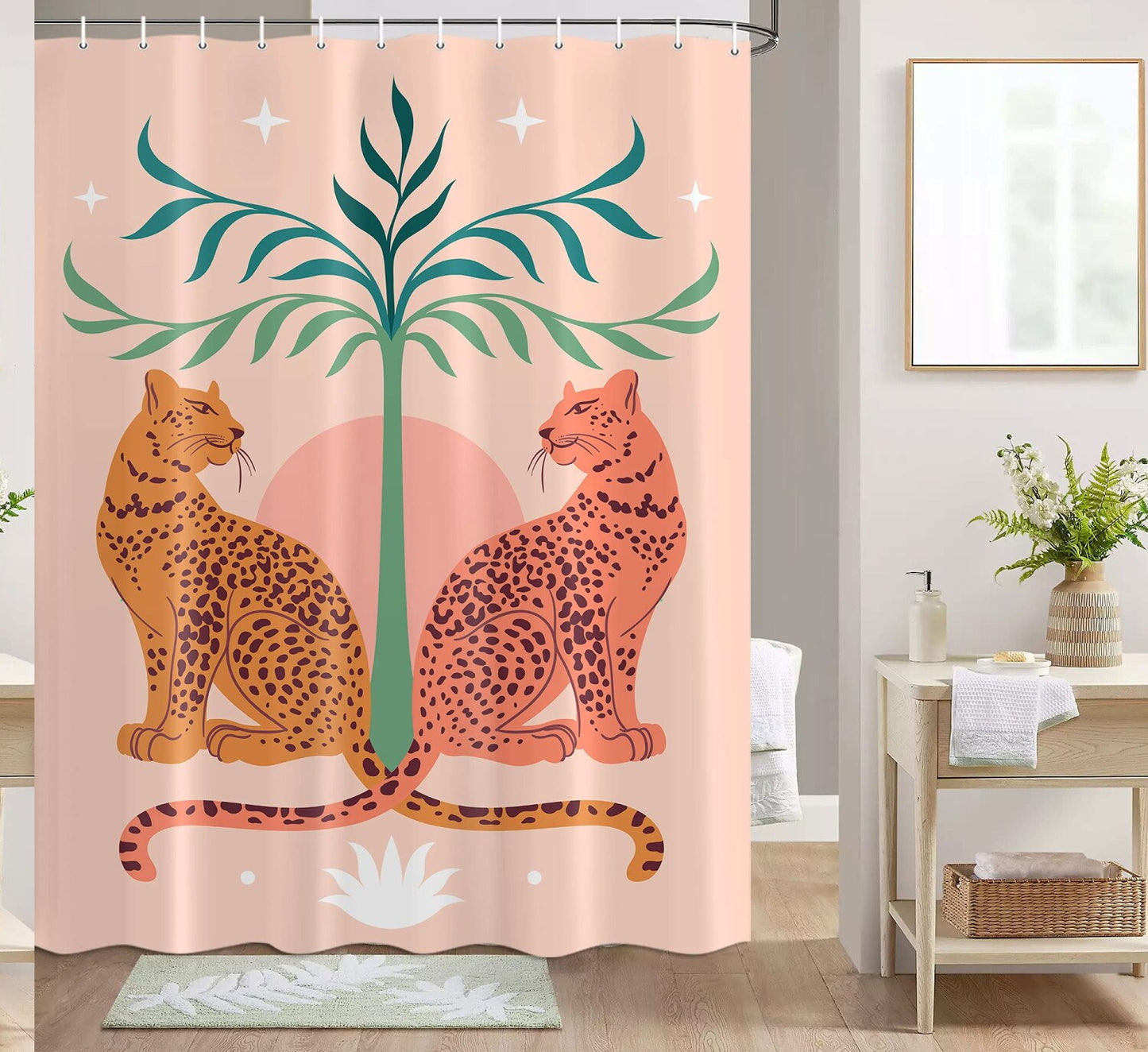 Mid Century Boho Leopard Shower Curtain 69x70in