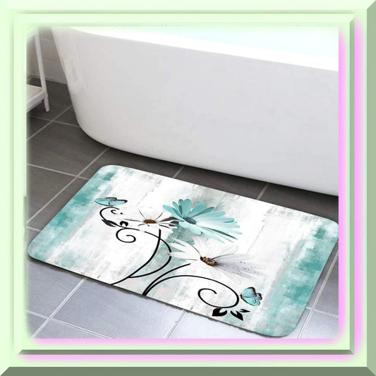 Rustic Farmhouse Bath Rug 19x31 Teal Daisy Flowers