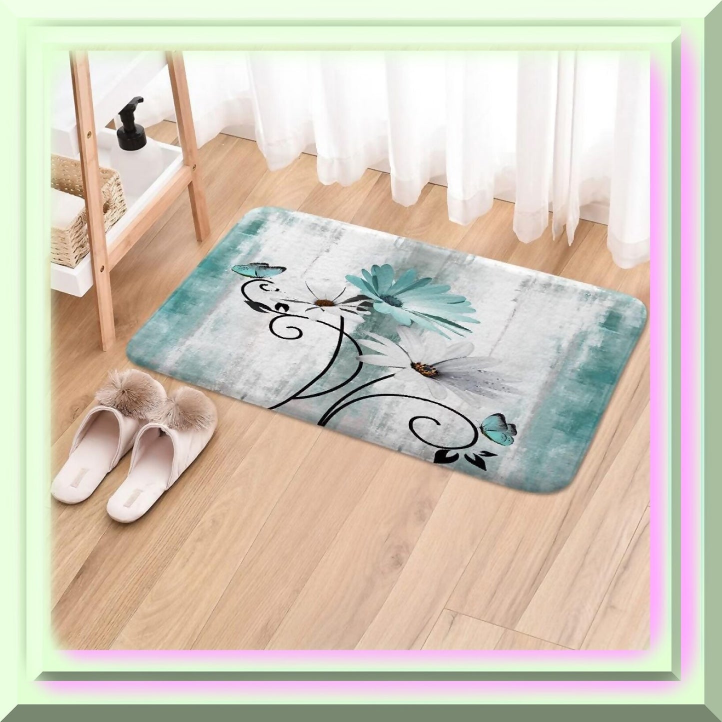 Rustic Farmhouse Bath Rug 19x31 Teal Daisy Flowers