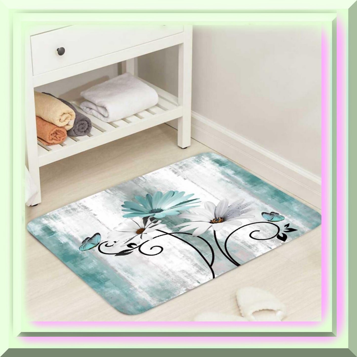 Rustic Farmhouse Bath Rug 19x31 Teal Daisy Flowers