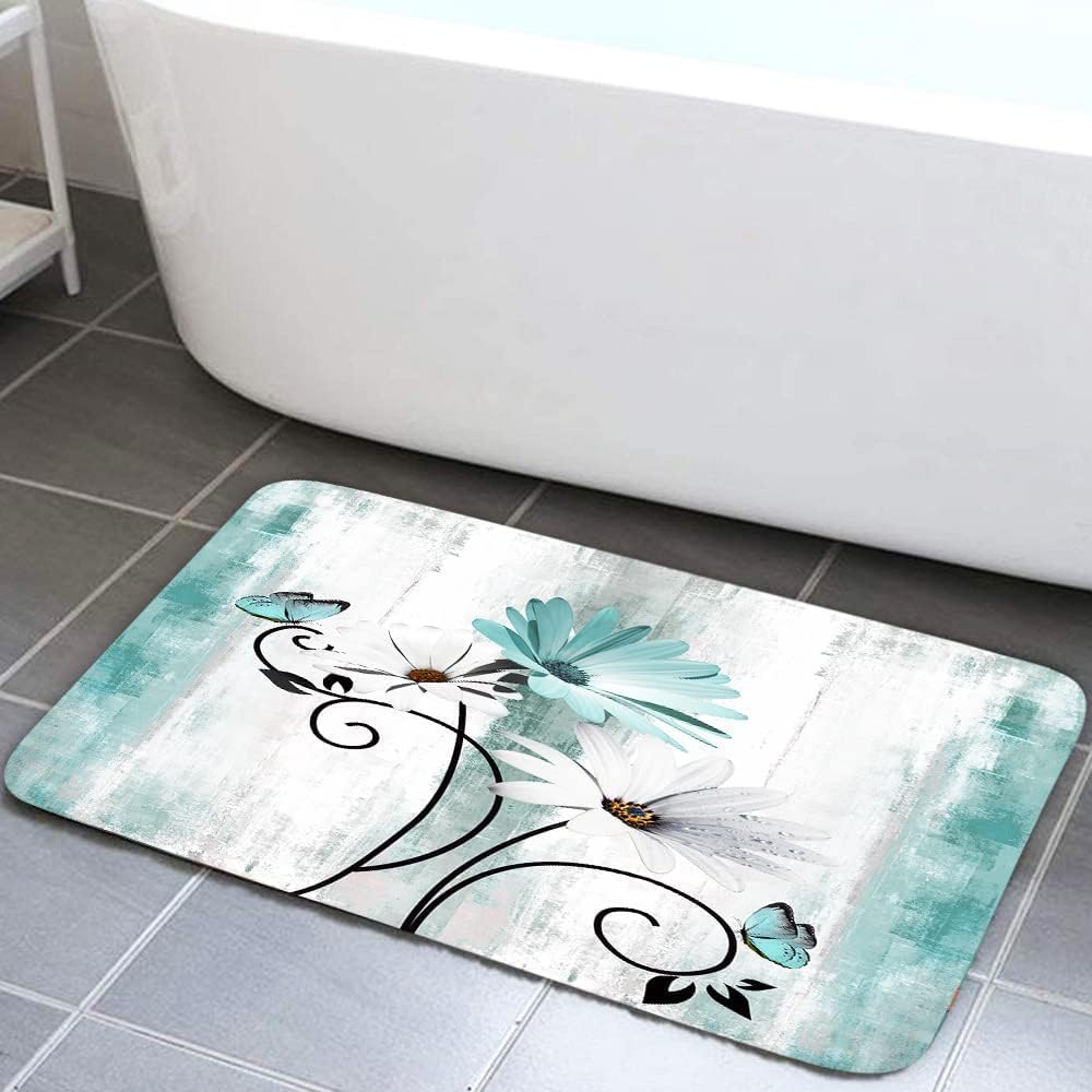 Rustic Farmhouse Bath Rug 19x31 Teal Daisy Flowers
