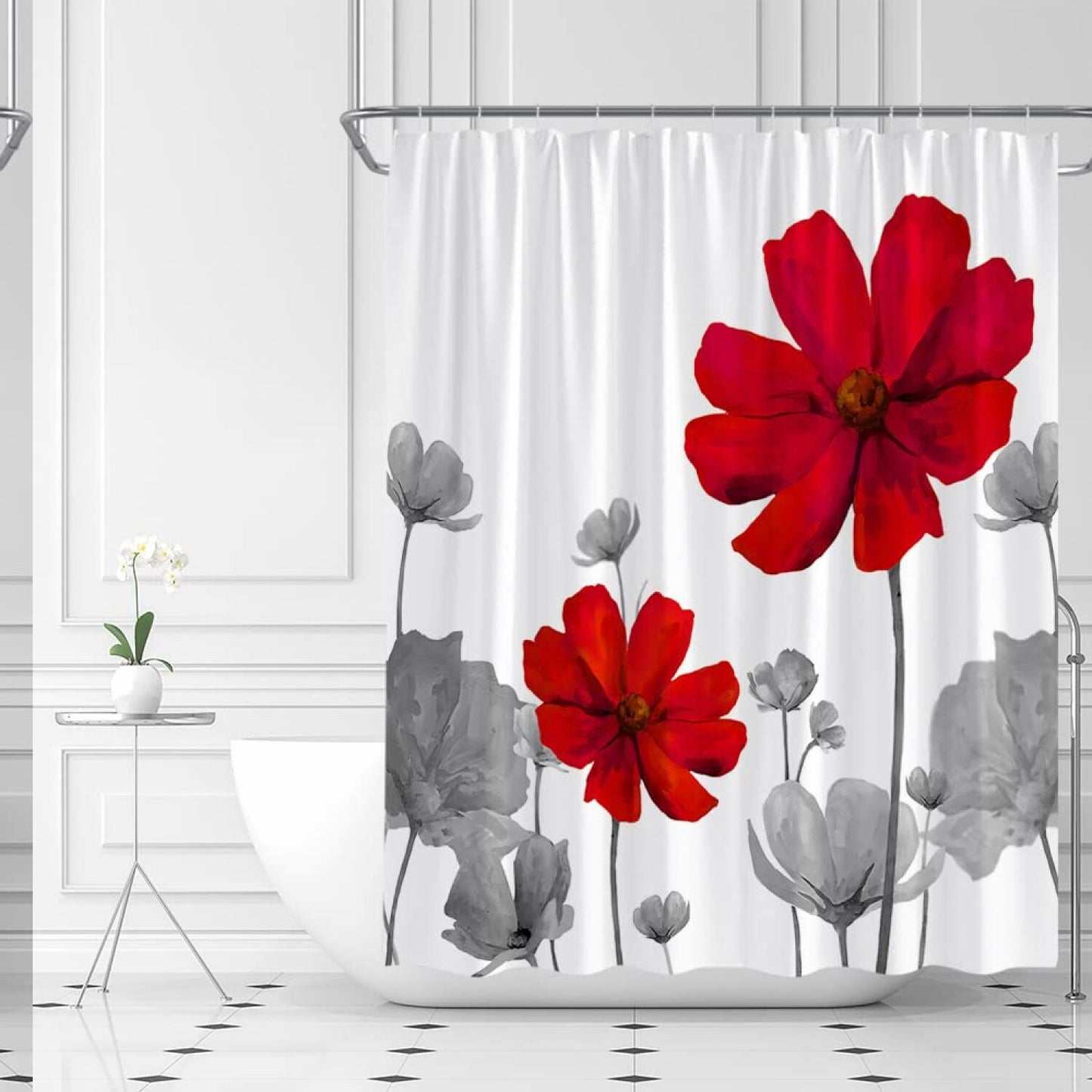 Red Grey Floral Shower Curtain 70" x 70"