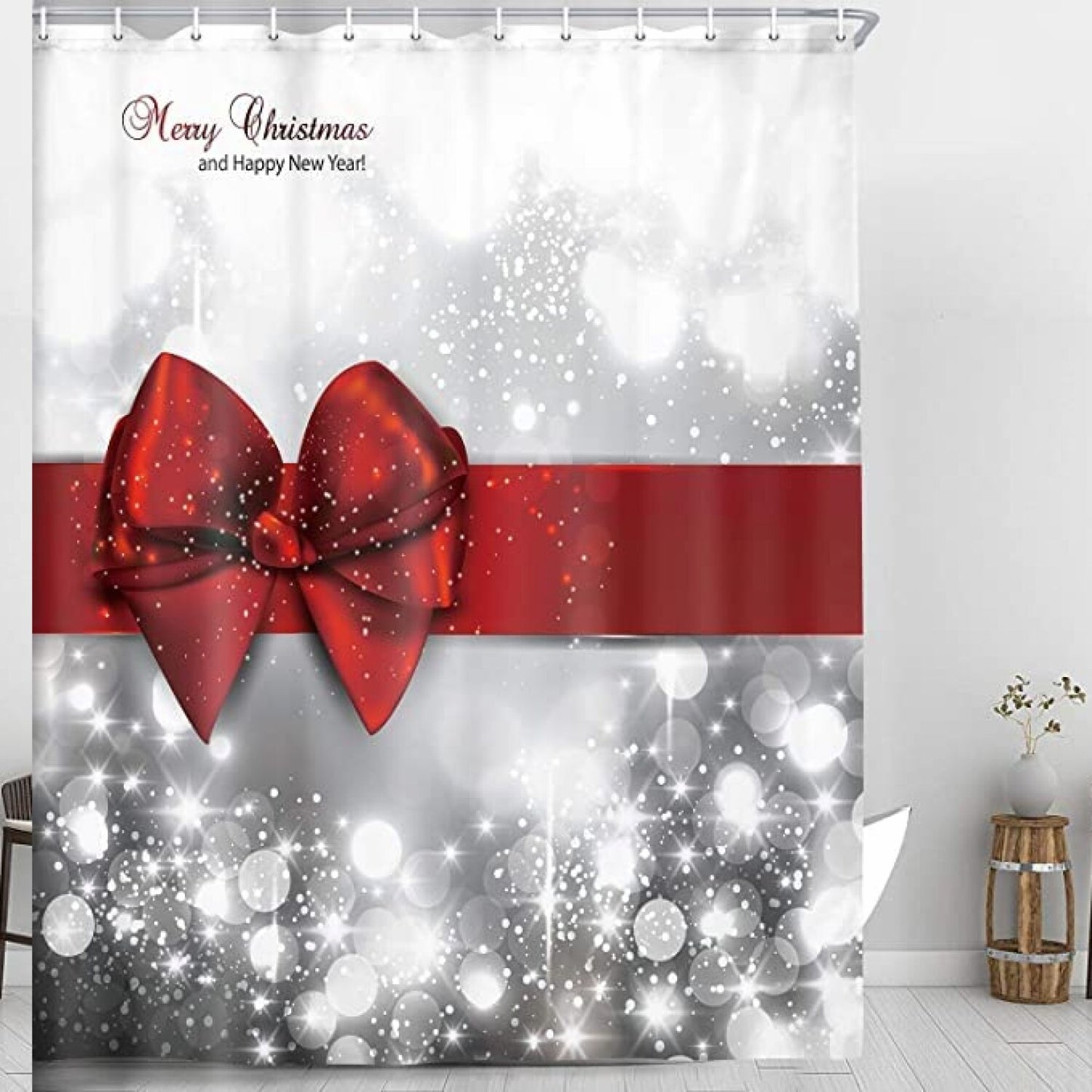 Red Bow Wrapping Pattern Shower Curtain Set with Glittering Bling
