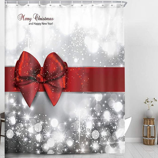 Red Bow Wrapping Pattern Shower Curtain Set with Glittering Bling