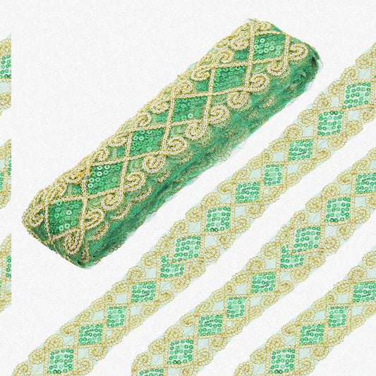 10 Yard Green Beaded Sequin Lace Trim 2.36 Inch