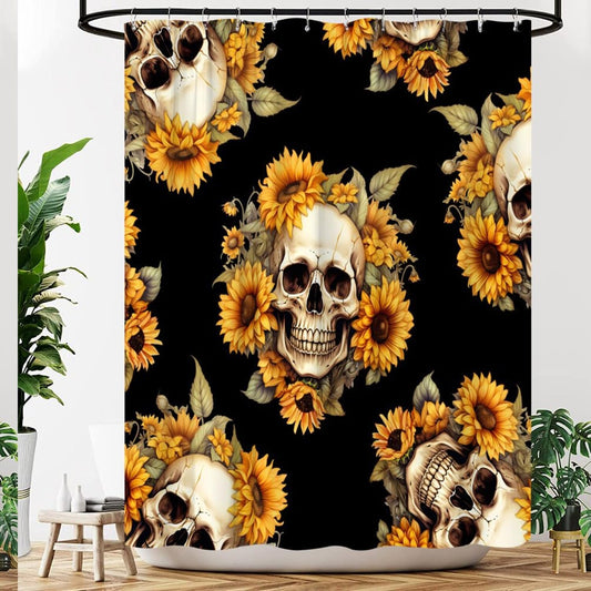 Skull Floral Shower Curtain Black Yellow Fabric