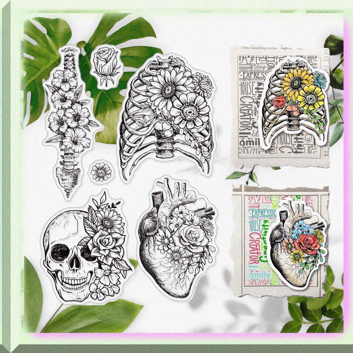 Skull Heart Spine Bones Flowers Clear Silicone Stamp