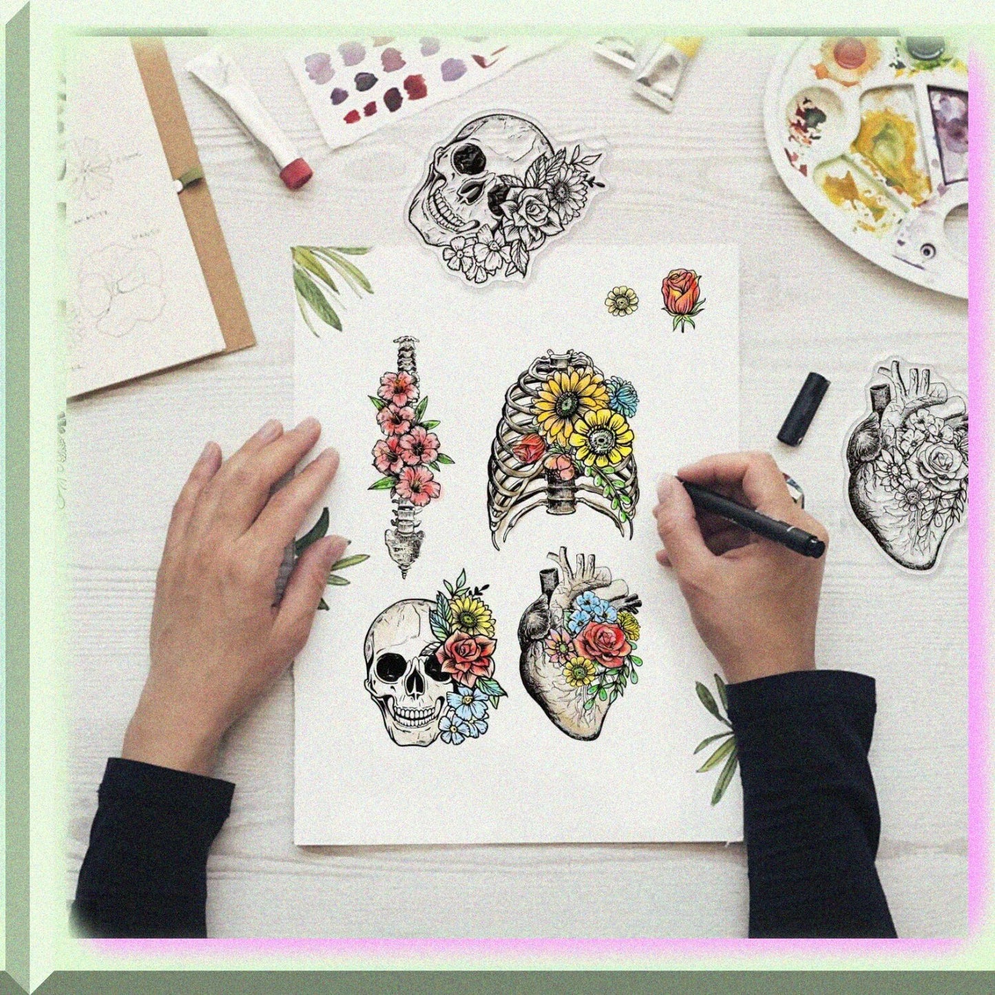 Skull Heart Spine Bones Flowers Clear Silicone Stamp