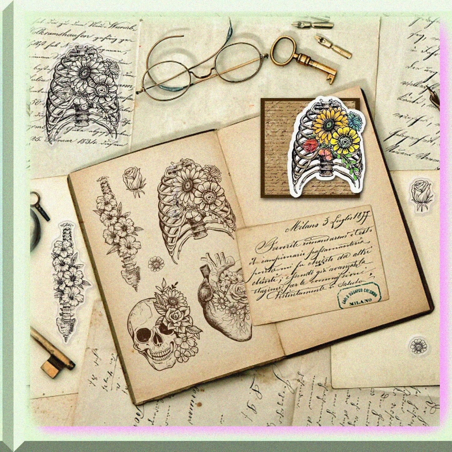 Skull Heart Spine Bones Flowers Clear Silicone Stamp