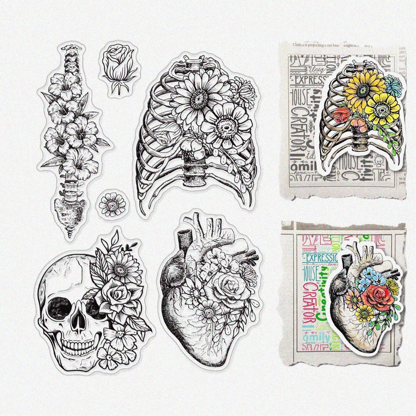 Skull Heart Spine Bones Flowers Clear Silicone Stamp