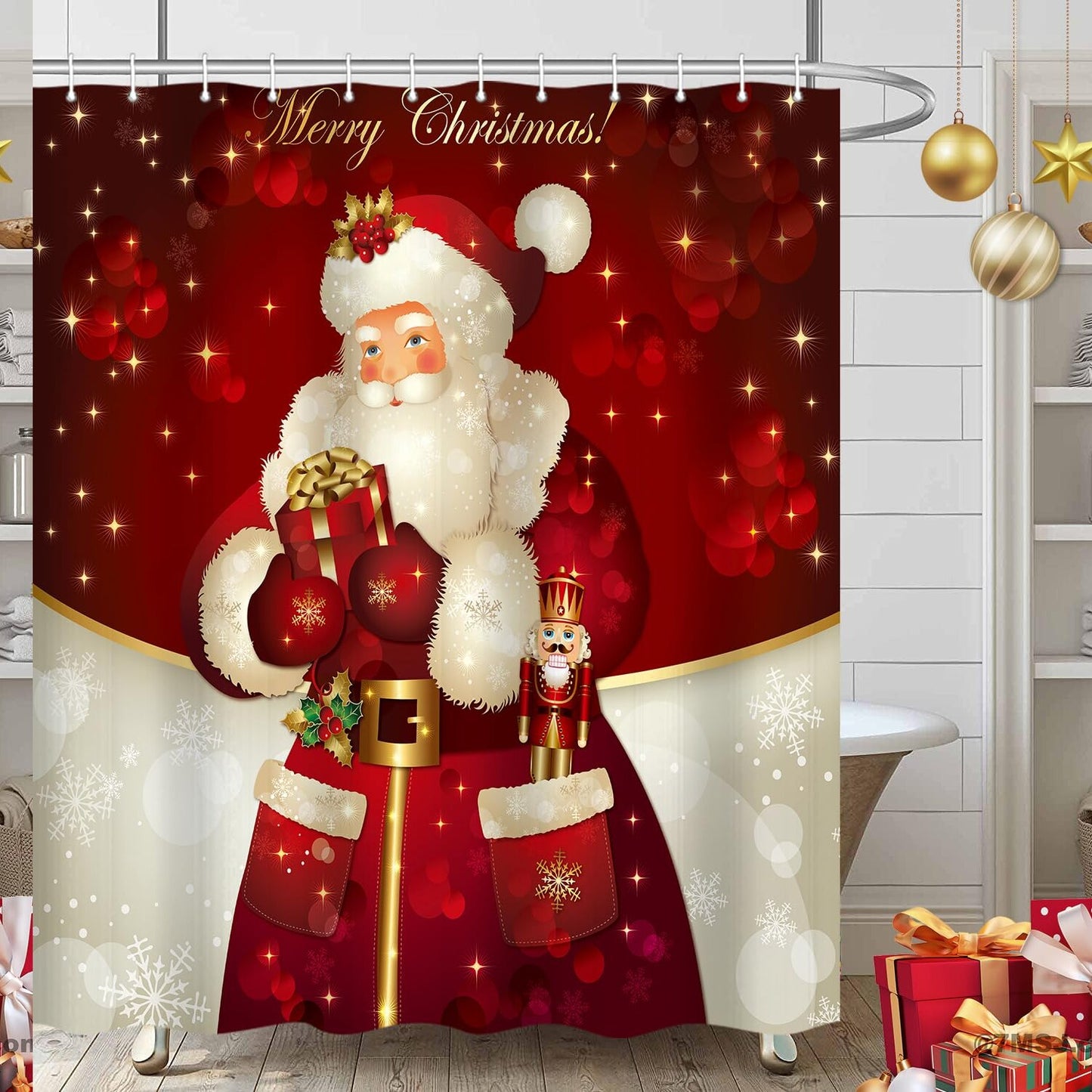 Claus Xmas Holiday Fabric Shower Curtain 72x72 Inches
