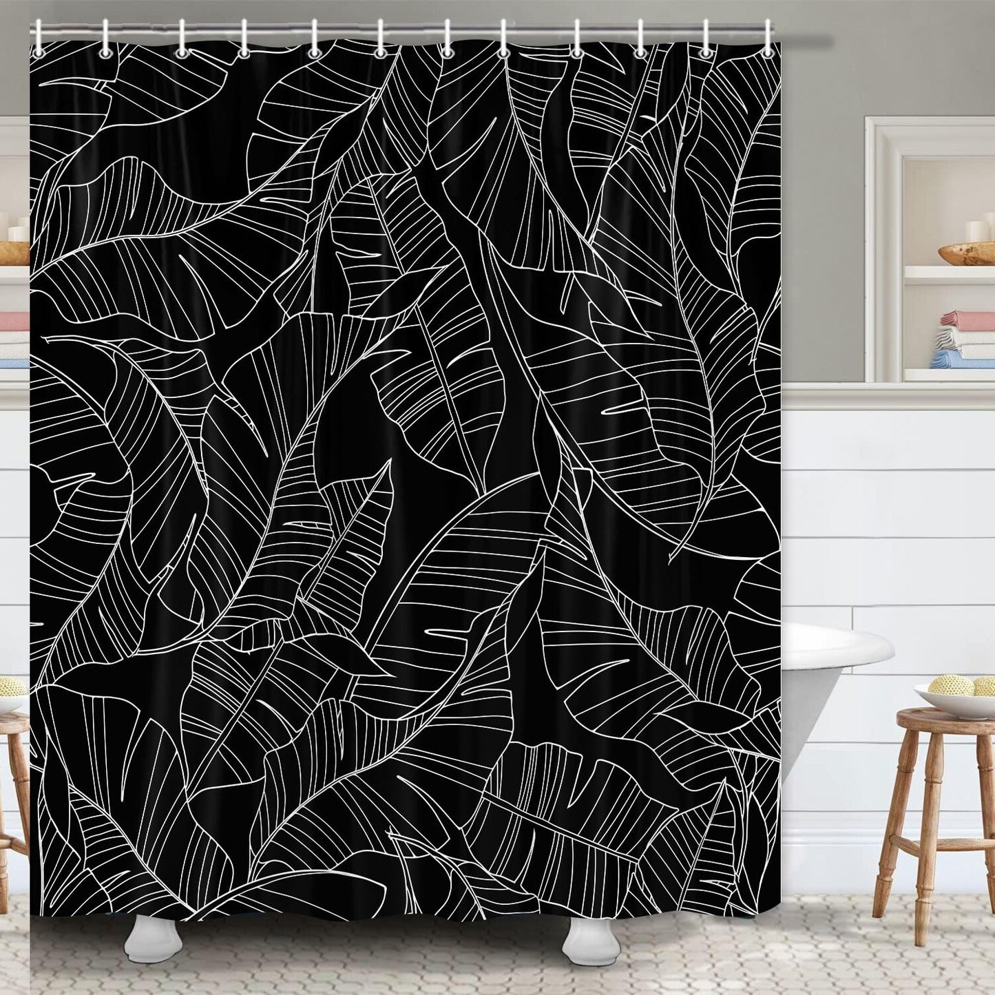 Black and White Tropical Leaves Shower Curtain 72x72