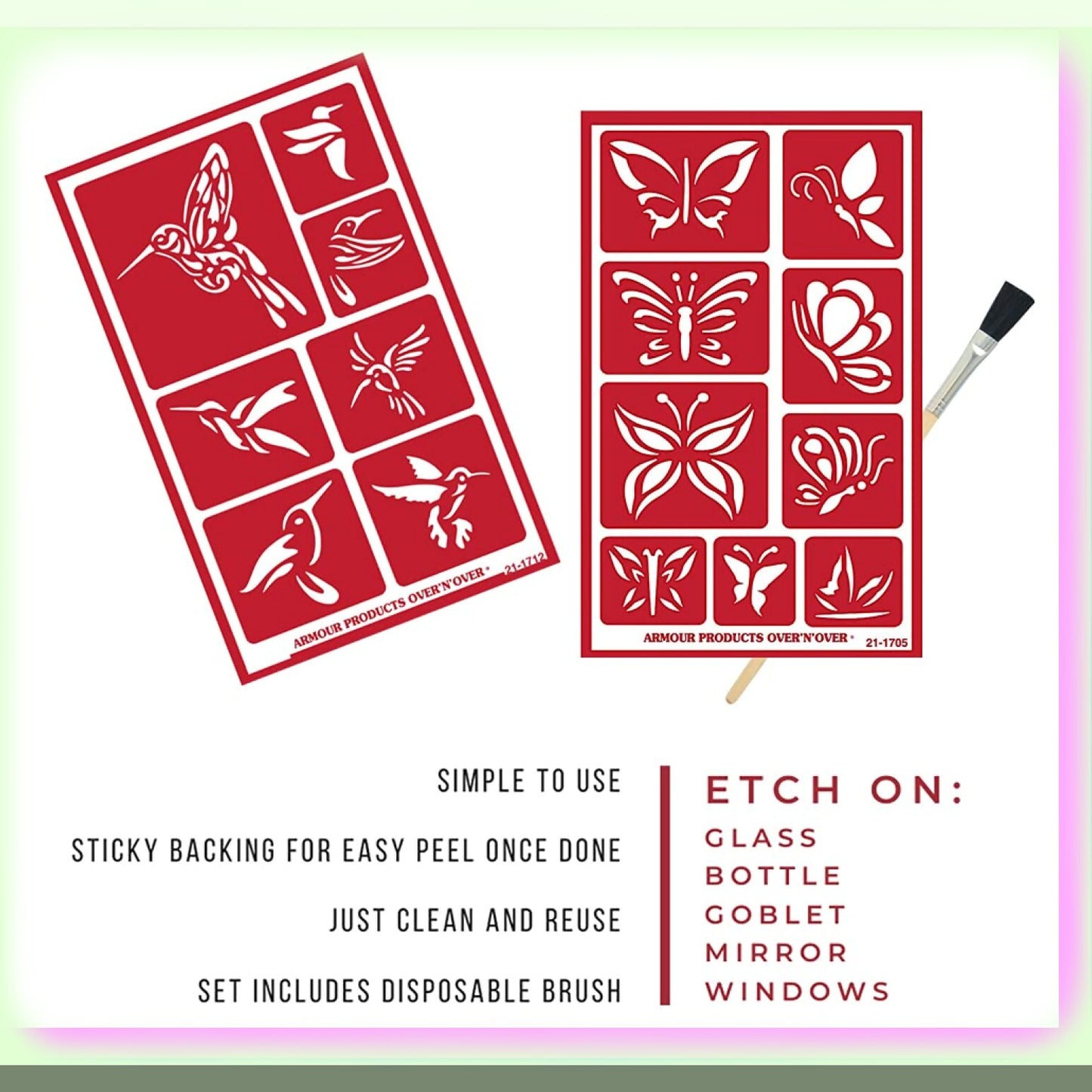 EcoArt Glass Etching Kit with Hummingbird & Butterfly Stencils