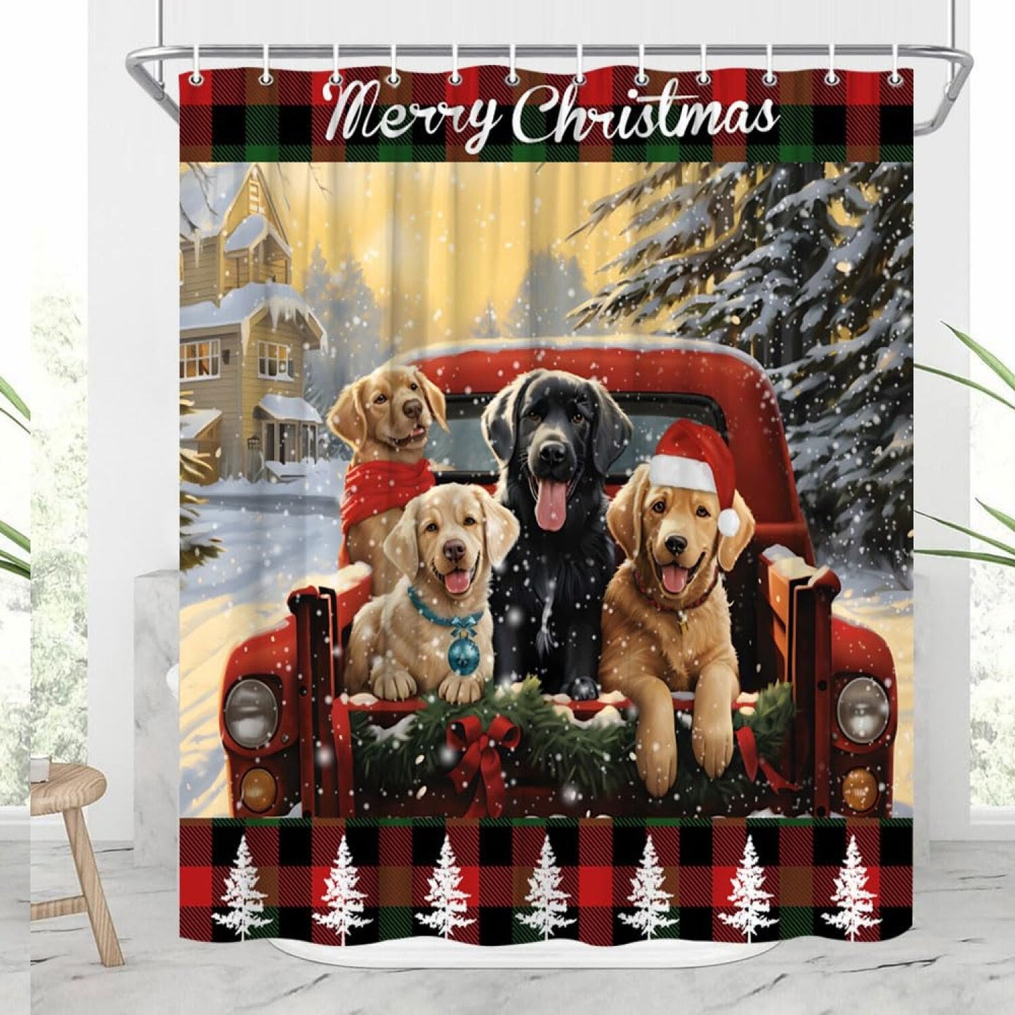 Animals Red Truck Shower Curtain with Hooks