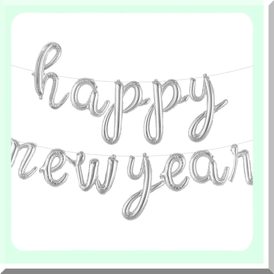 Silver Happy New Year Balloons and Banner for 2024 Celebrations