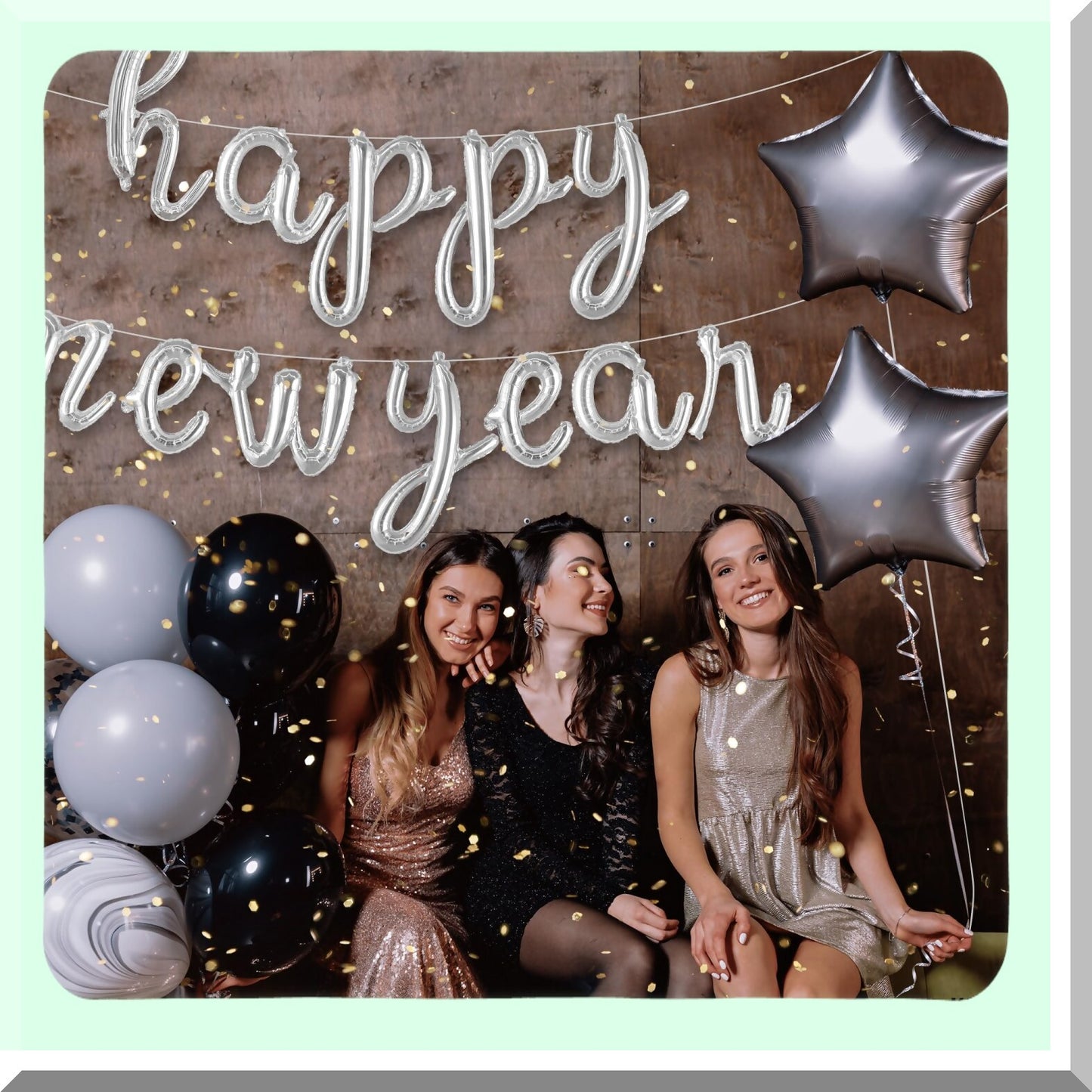 Silver Happy New Year Balloons and Banner for 2024 Celebrations