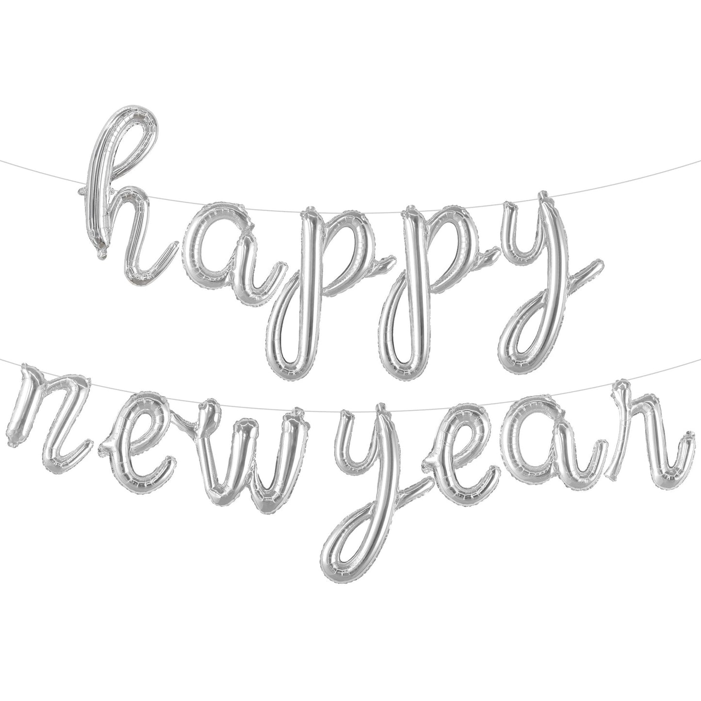 Silver Happy New Year Balloons and Banner for 2024 Celebrations