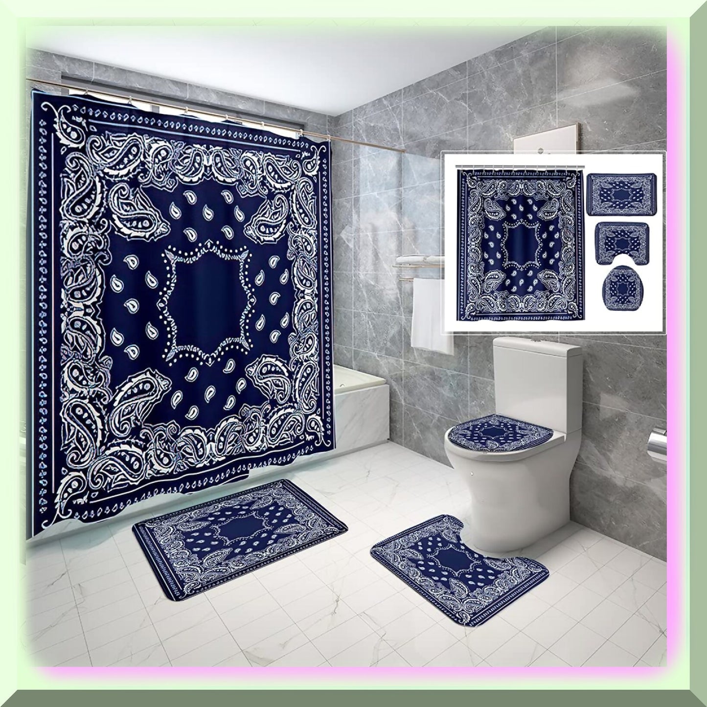 4-Piece Waterproof Shower Curtain Set with Bath Mat and Accessories