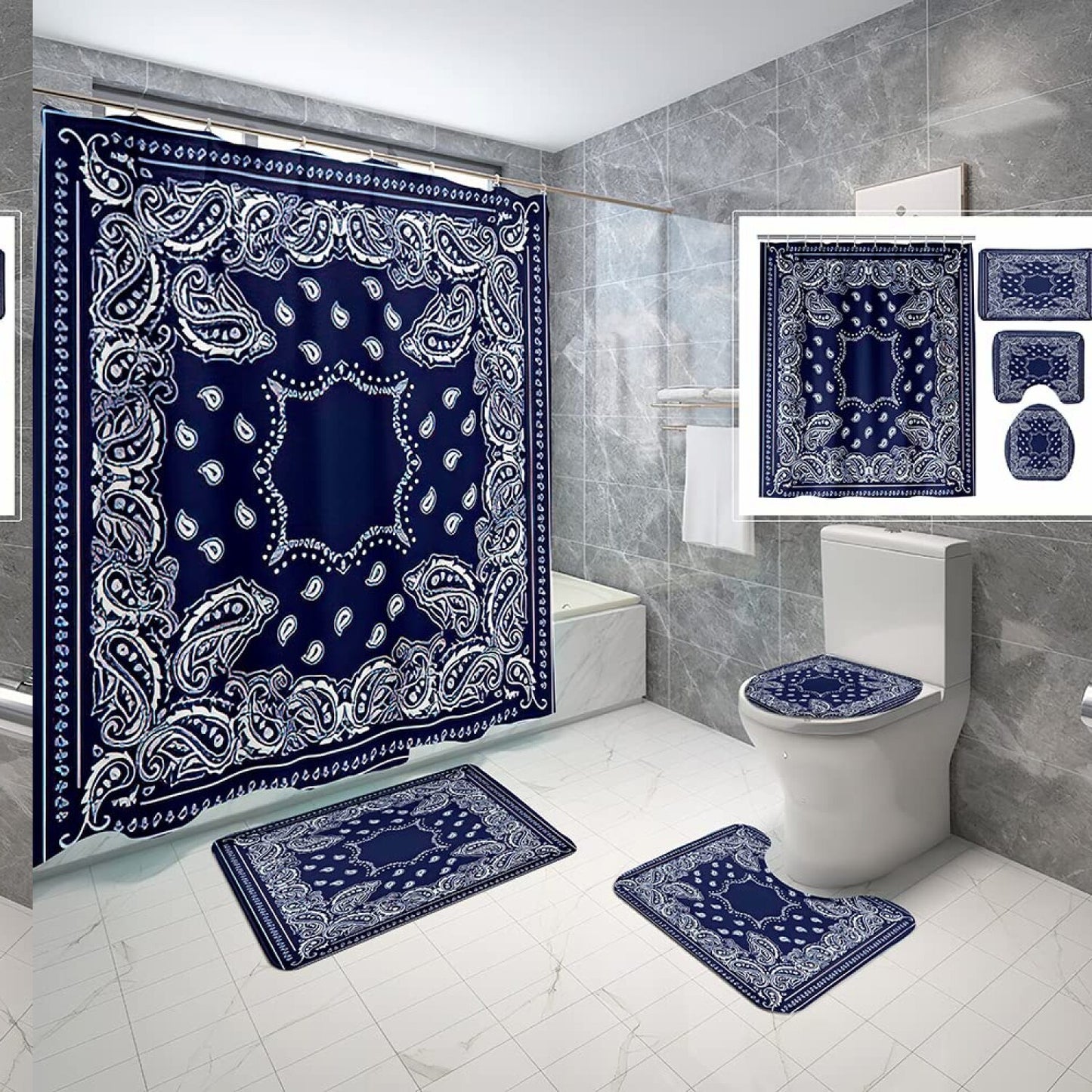 4-Piece Waterproof Shower Curtain Set with Bath Mat and Accessories