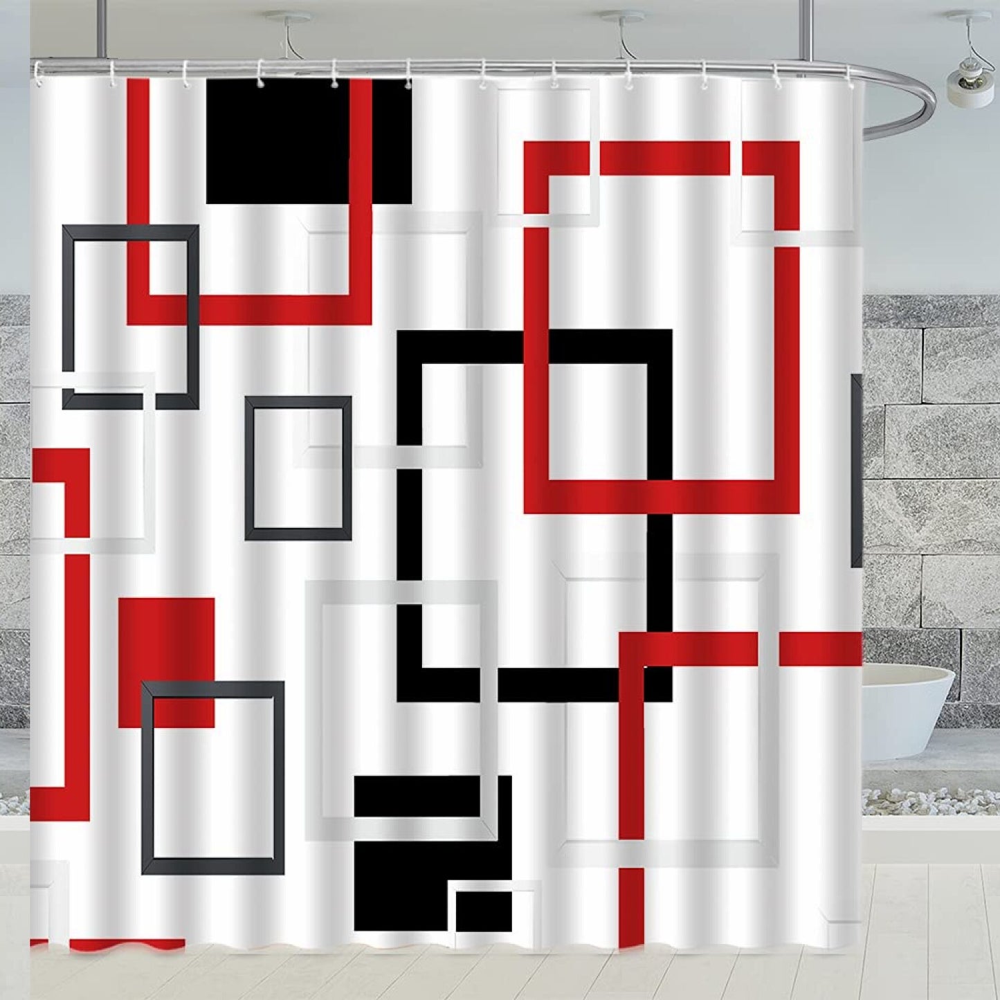 Geometric Shower Curtain Black Red White 70x70 Inches