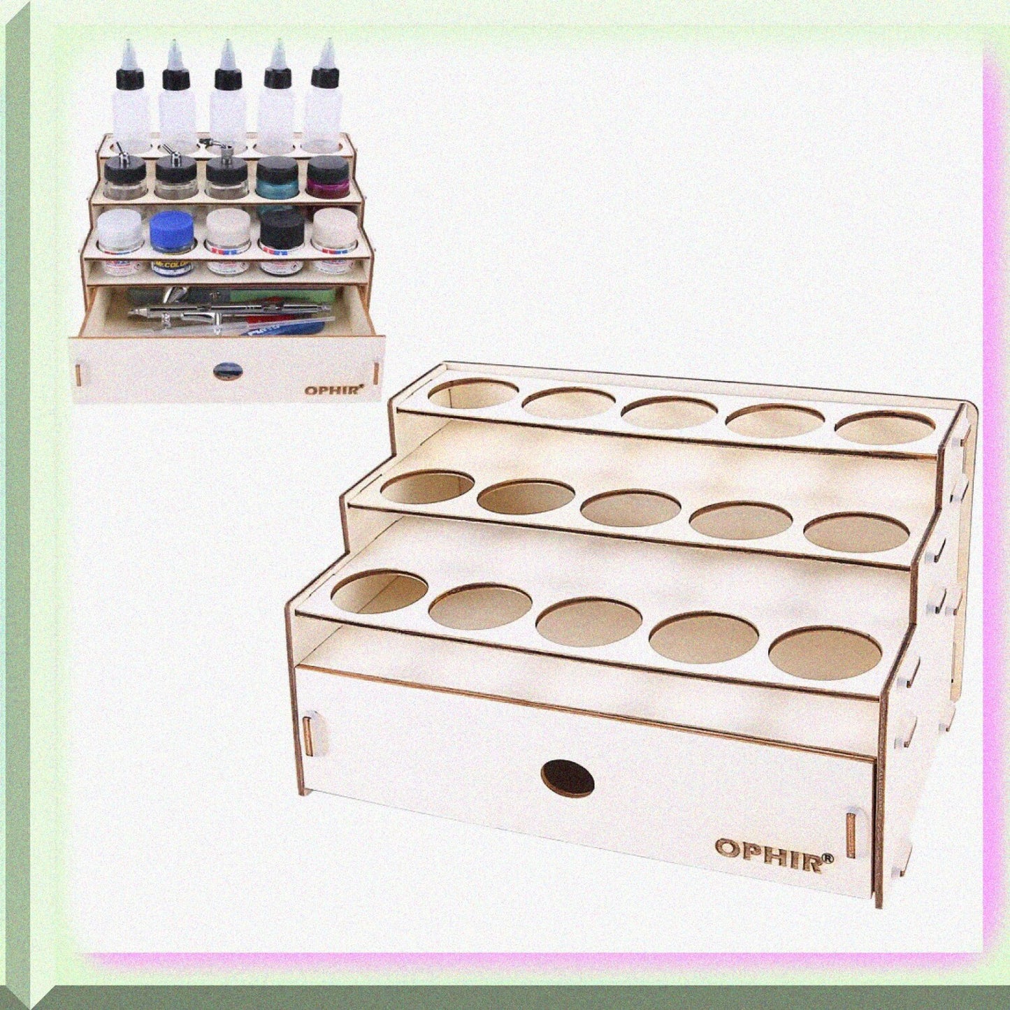 Wooden Paint Rack for 15 Bottles with Cabinet Organizer