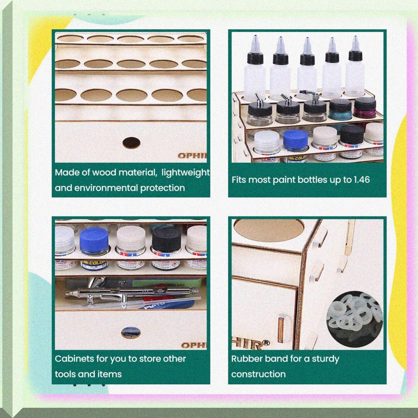 Wooden Paint Rack for 15 Bottles with Cabinet Organizer