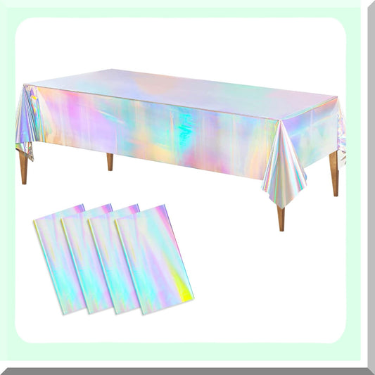 Iridescent Laser Tablecloth Set - 4 Pack Disposable Plastic Covers for Birthday, Wedding, Baby Shower & Mermaid Theme Parties - 54"x108"