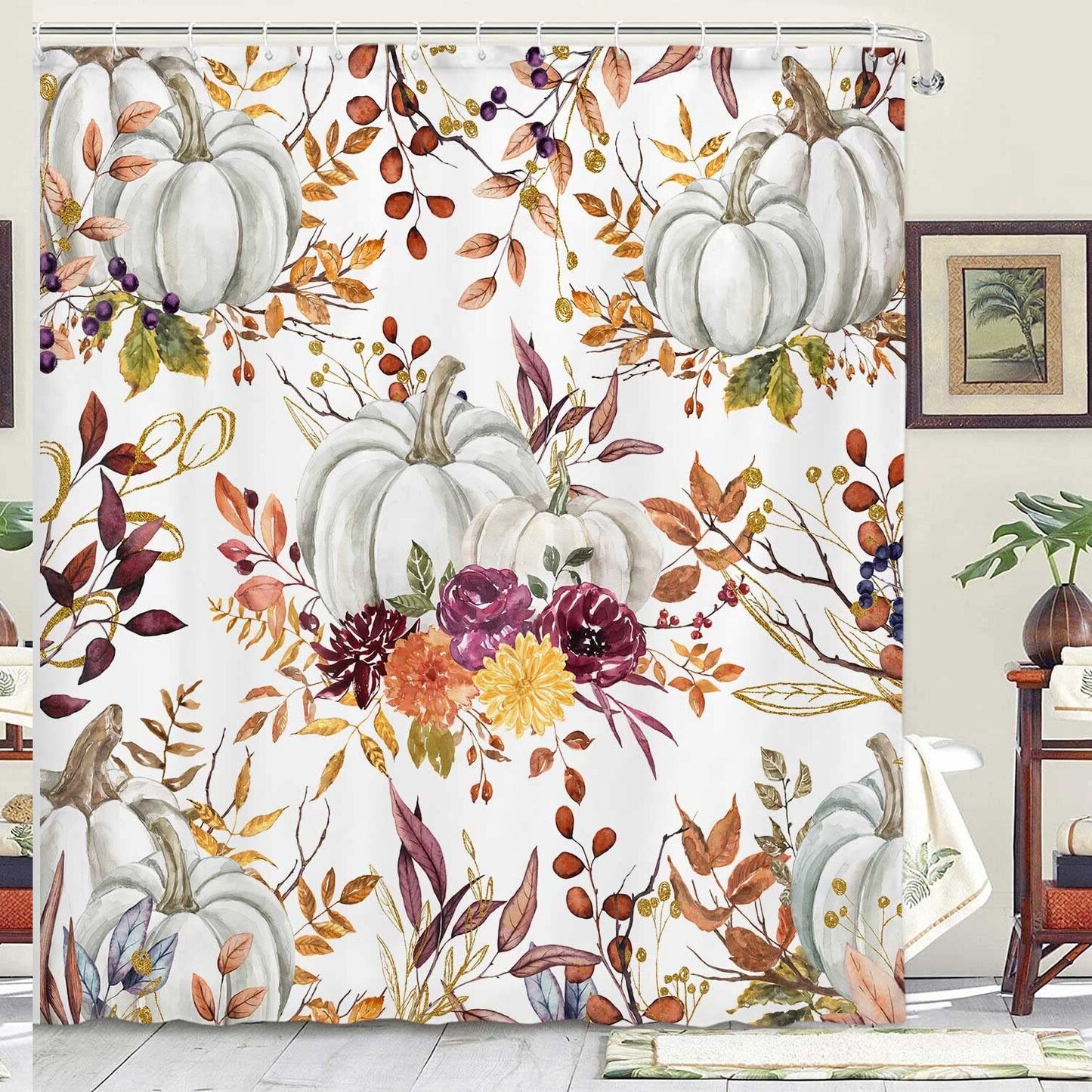Fall Boho Pumpkins Watercolor Floral Shower Curtain 70"X70"