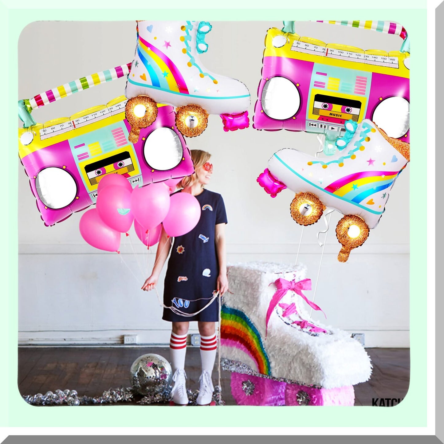 Big 22 Inch Roller Skate and Boombox Balloons for 80s and 90s Parties