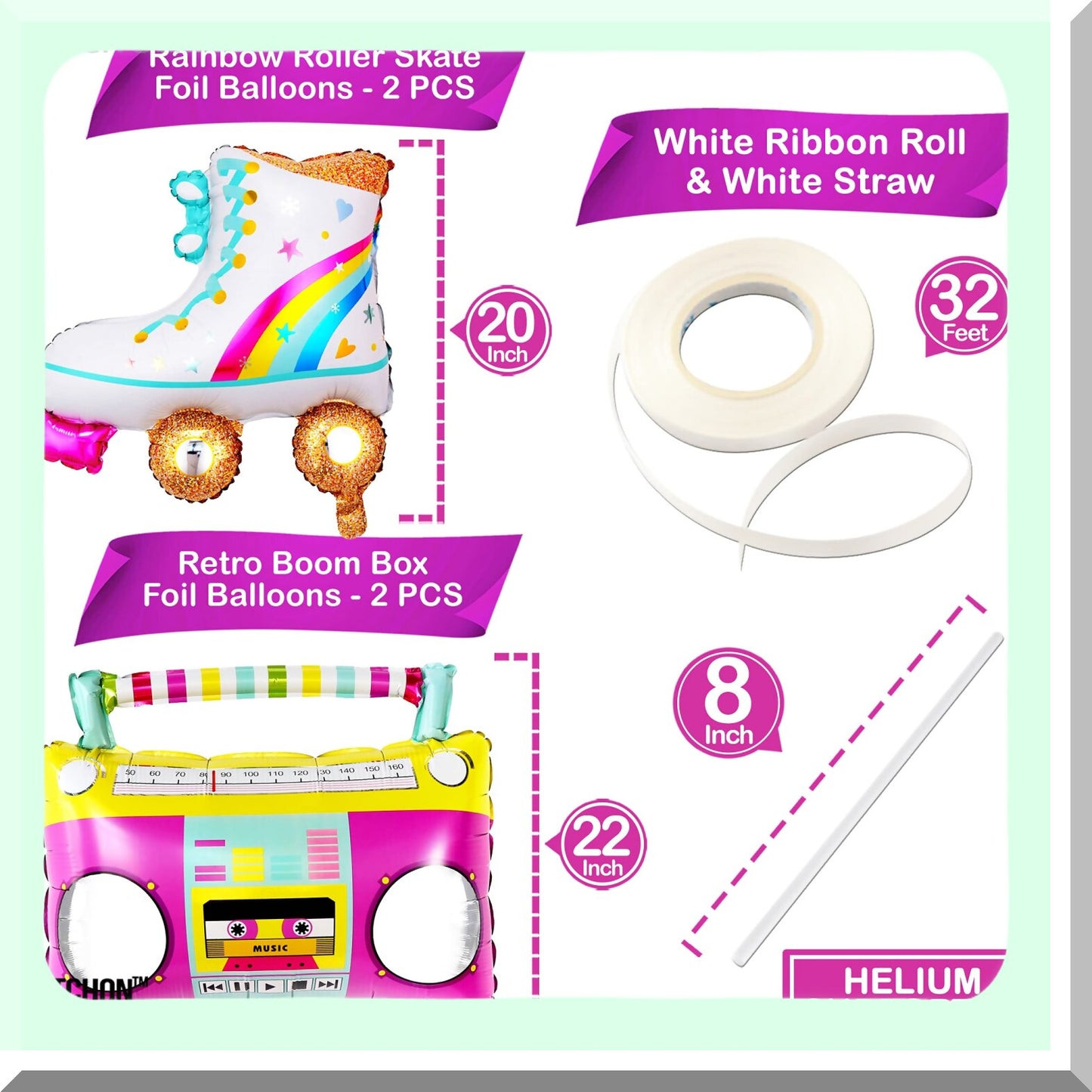 Big 22 Inch Roller Skate and Boombox Balloons for 80s and 90s Parties