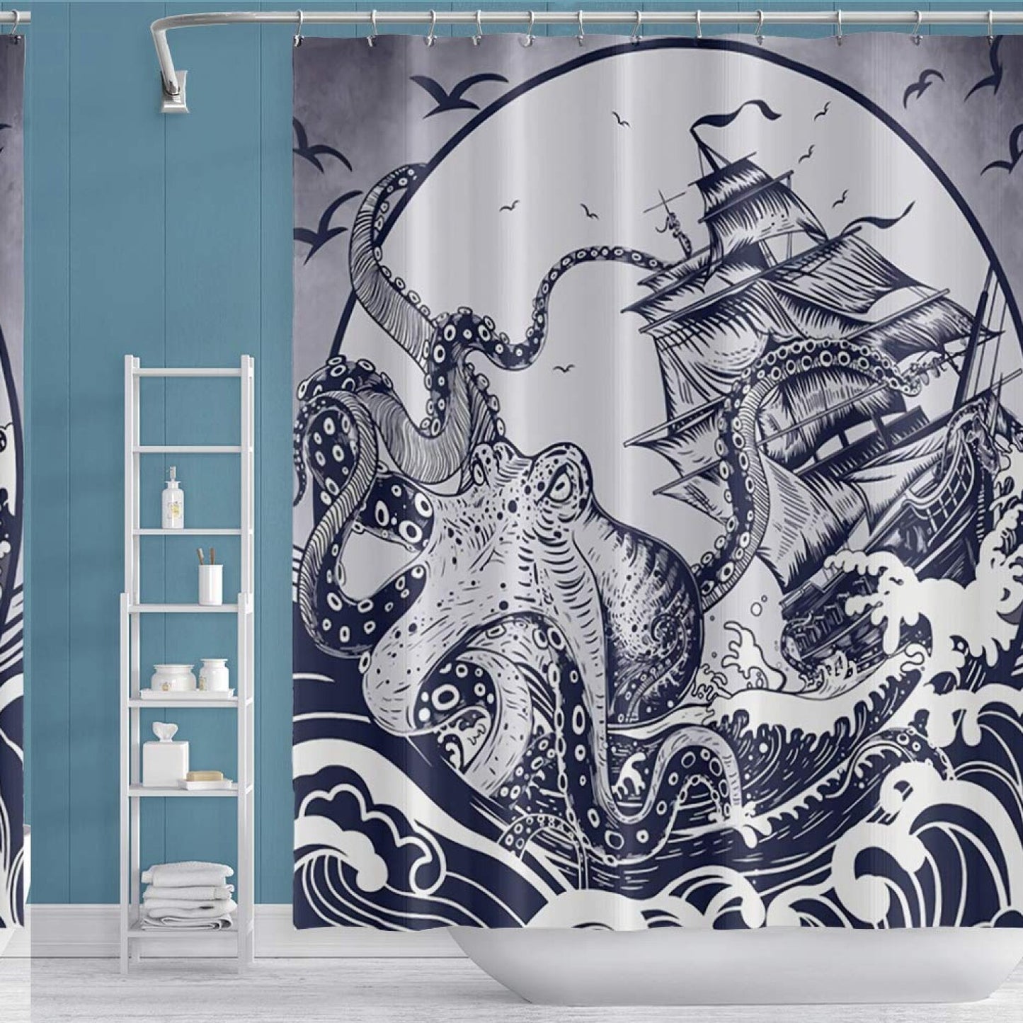Nautical Shower Curtain 59x71in with Birds and Kraken