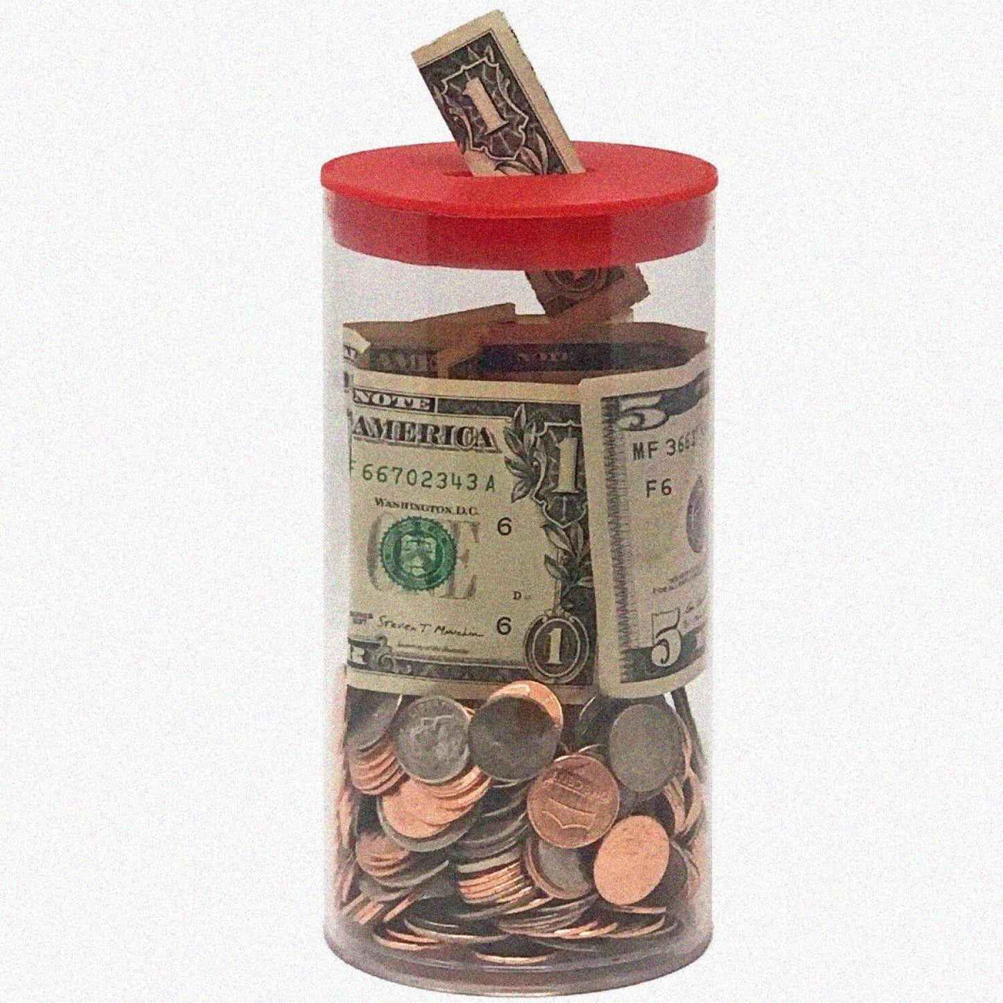 4 Pack Clear Plastic Tip Jars 3" x 6.25" with Red Coin Slot Lid